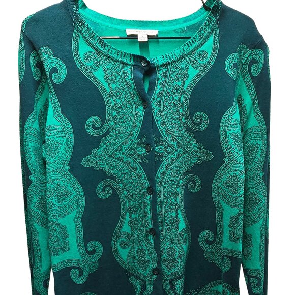 Isaac Mizrahi Live! Paisley Printed Cardigan/Sweater Green/Navy Button Closure S - Picture 3 of 9